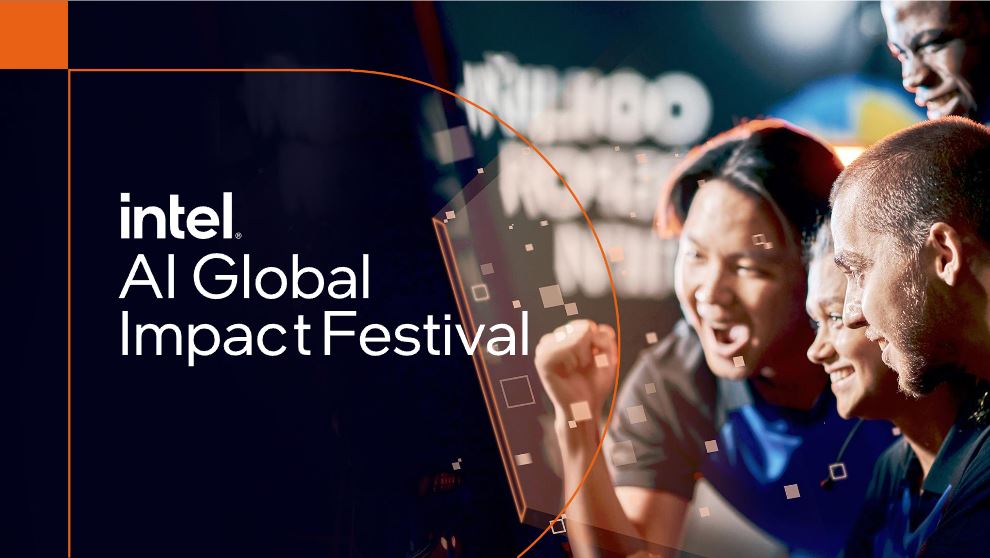 A group of diverse people celebrating the Intel AI Global Impact Festival